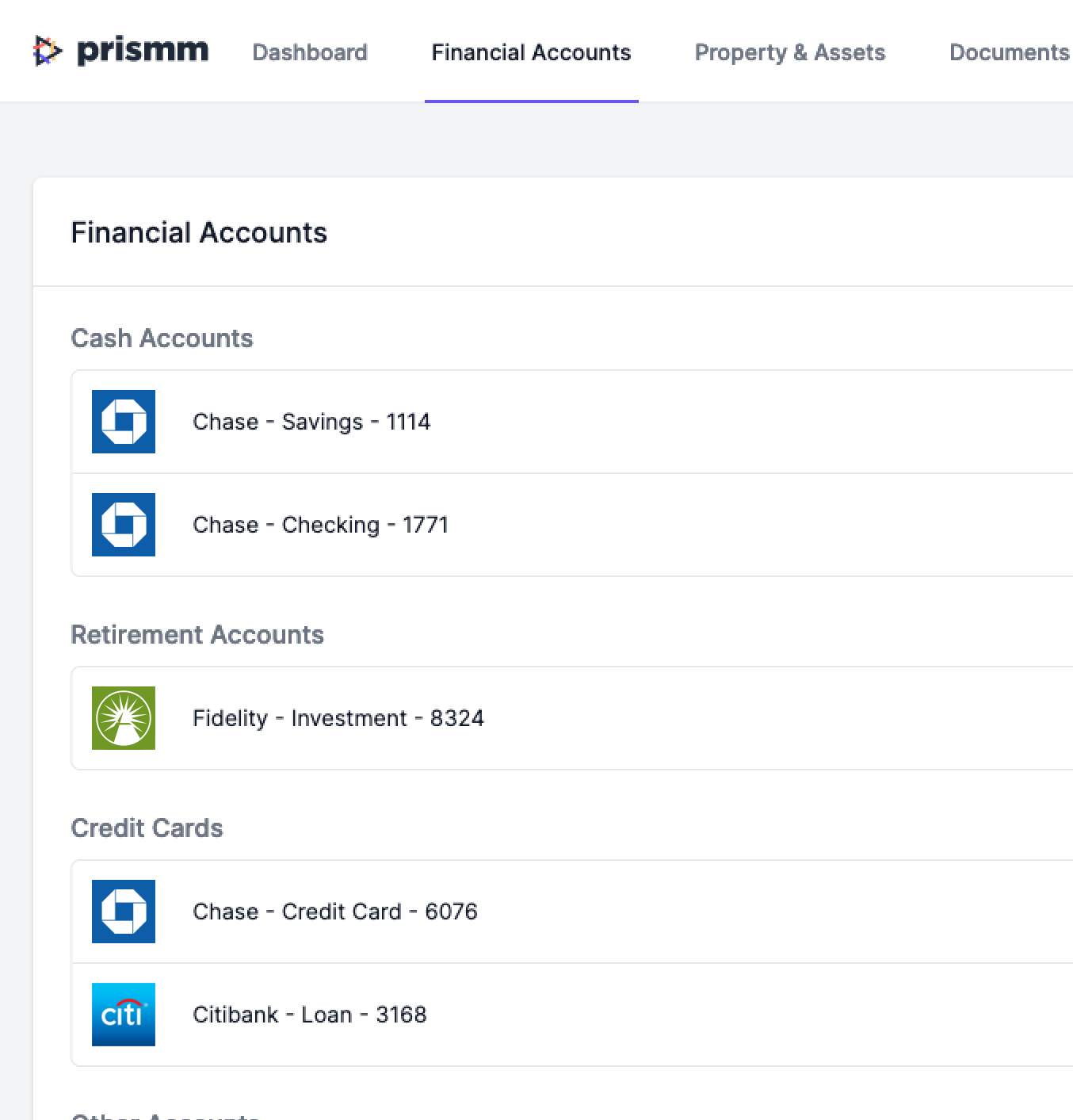a screenshot of Prismm's financial accounts dashboard