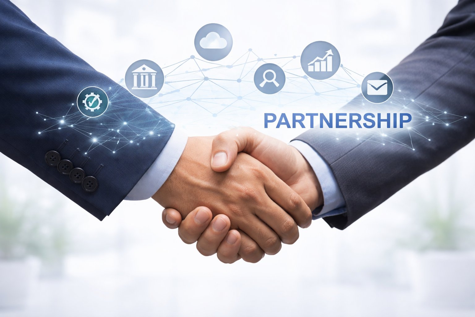 Business partnership handshake with banking and technology icons